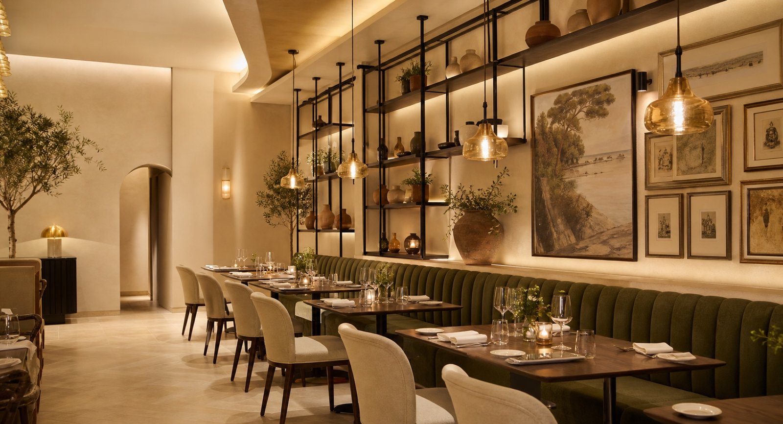 The warm, elegant dining room at ZIA Restaurant